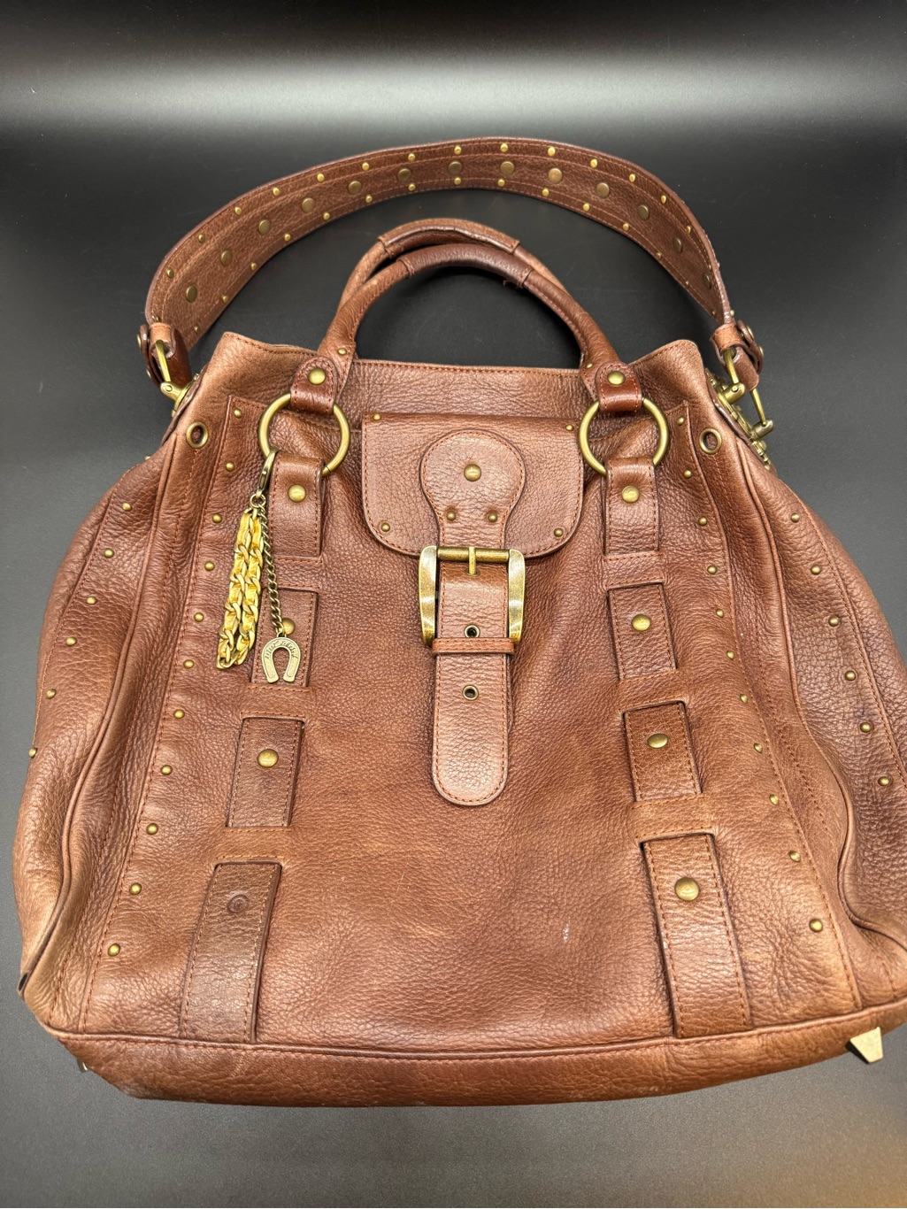 Betsey Johnson Vtg V2k Heavy Leather Studded Tote Handbag Charms Large Brown Vtg